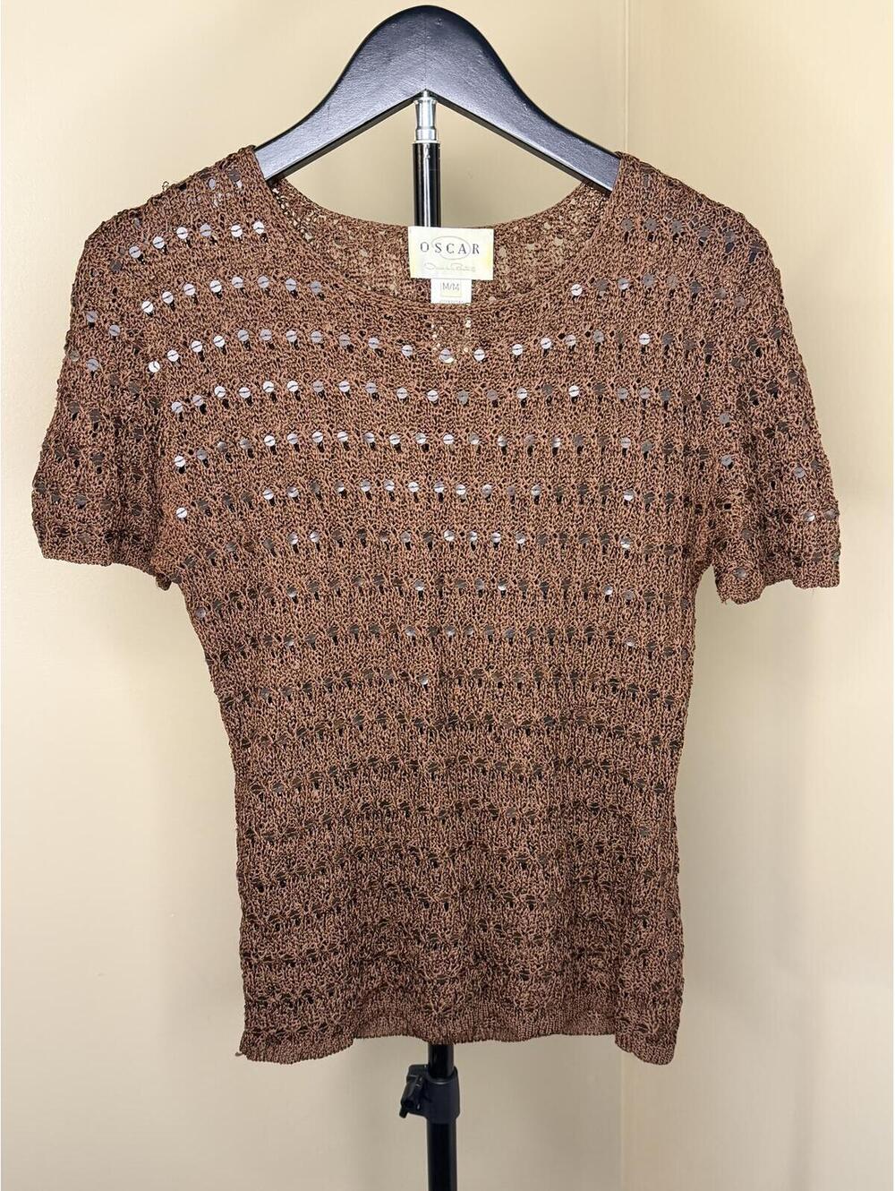 Oscar de la Renta OSCAR Open Knit Crochet Sweater Top Women’s Medium Brown